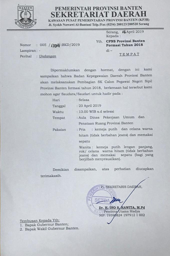 Surat Undangan CPNS Provinsi Banten Formasi Tahun 2018