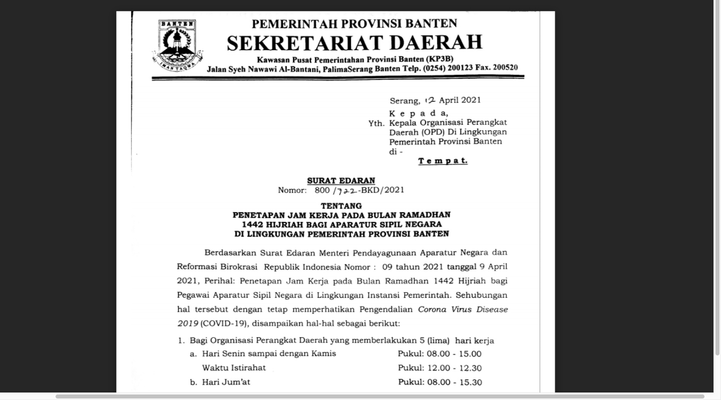 Jam Kerja ASN Pemprov Banten pada bulan Ramadhan 1442 H/ 2021 M