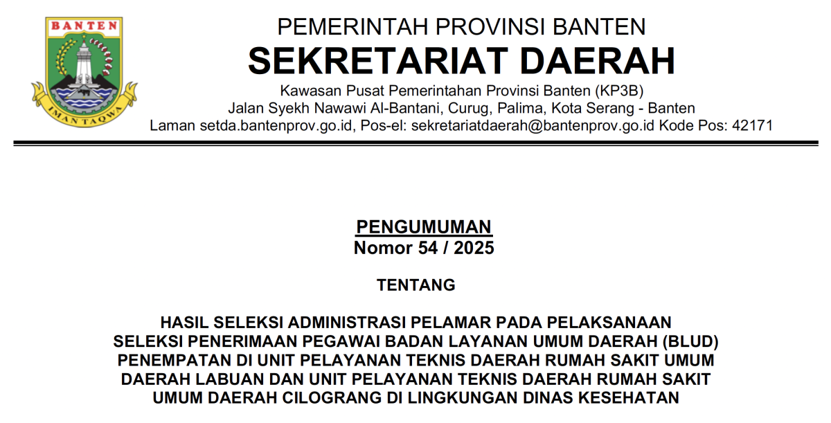 Hasil Seleksi Administrasi Penerimaan Pegawai dan Dokter Spesialis BLUD RSUD Labuan dan RSUD Cilograng